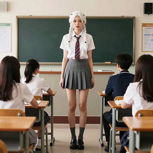 Student in classroom with white hair and school uniform