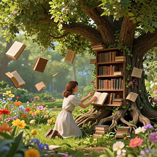 Fairytale illustration: brunette girl in white dress reaches for books floating from enchanted tree bookshelf, surrounded by vibrant flowers and lush greenery.