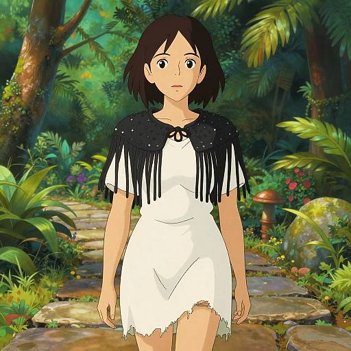 Digital anime-style drawing of a shy young woman with short black hair, wearing a white tattered dress and black fringed cape, standing on a stone