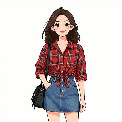 Digital anime-style drawing of a smiling young woman with long brown hair, wearing a red plaid shirt, tied at the front, and a blue high
