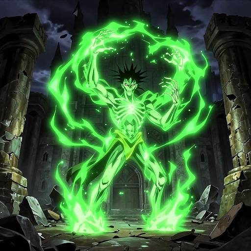 Digital artwork of a muscular, green-electricity-wrapping, spiky-haired character standing in front of a ruined, gothic cathedral at night