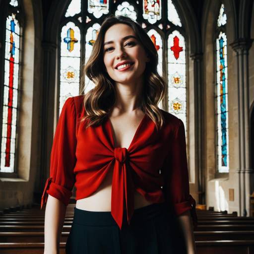 Confident Woman in Red Blouse in Chapel