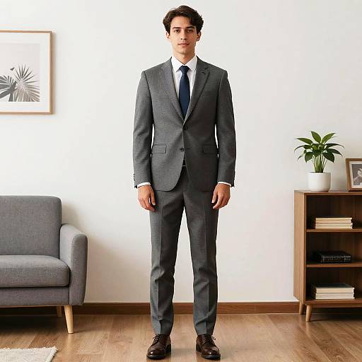 Young Man in Grey Suit Standing Indoors