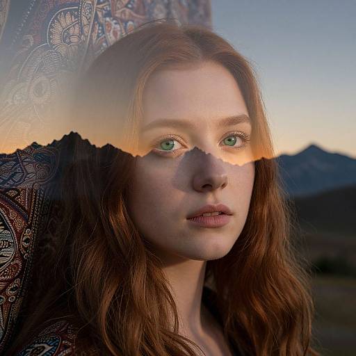 Photograph of a fair-skinned, green-eyed woman with long brown hair, partially obscured by an ornate lace curtain, against a mountainous sunset