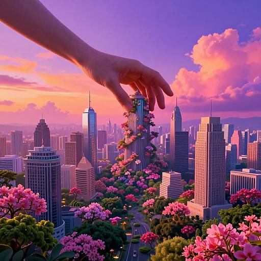 CGI image of a hand gently touching a flower-covered skyscraper in a vibrant, pink and purple sunset cityscape with lush greenery.
