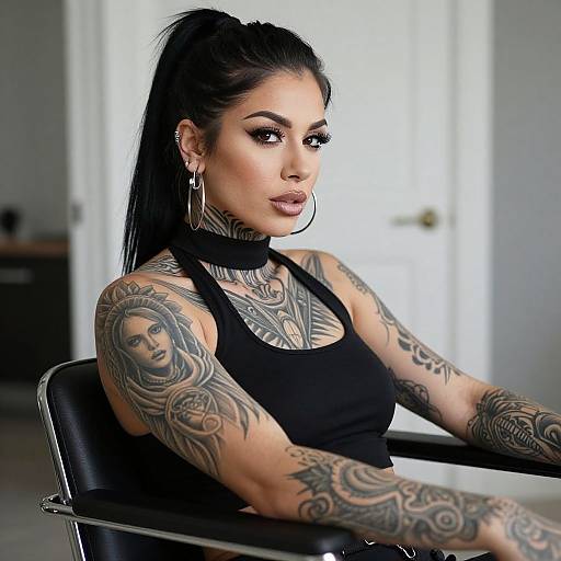 Tattooed Woman in Black Chair