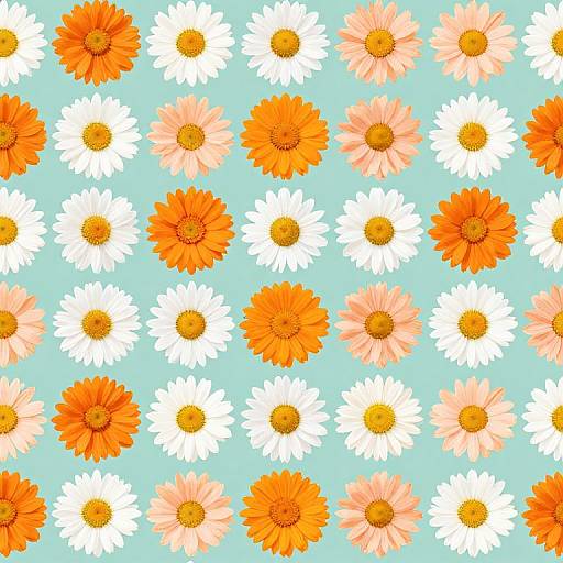 Bright, colorful digital illustration of white, orange, and pink daisies in a repeating pattern on a light blue background.