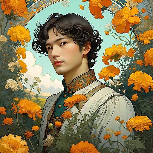 Art Nouveau Portrait of Man with Marigolds