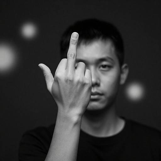 Man Showing Middle Finger Gesture in Black and White