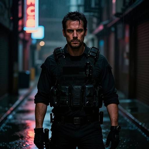 Sicario in Neon-Lit Urban Alley