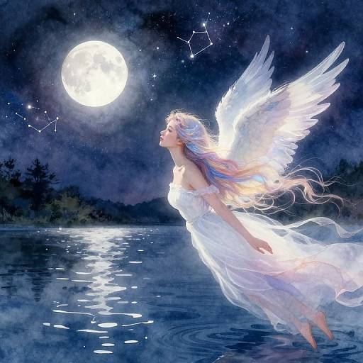Digital painting of a winged, ethereal woman in a flowing white dress, gazing at a bright full moon over a starry night sky reflected