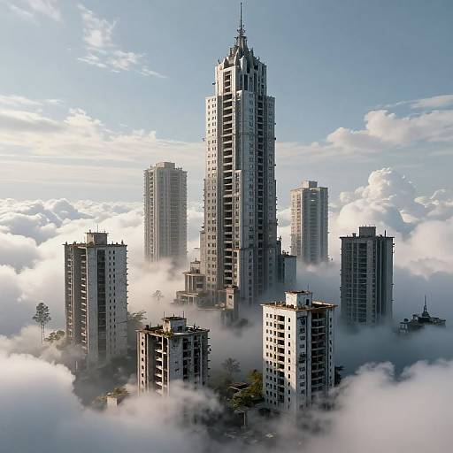 Photorealistic CGI of a modern skyscraper cityscape with tall, sleek buildings rising above a sea of fluffy white clouds.