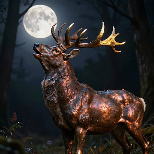 Glimmering Bronze Stag Howling Moon