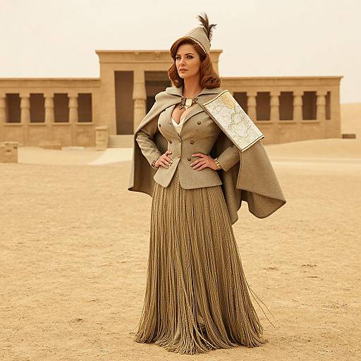 Photograph of a confident woman in a vintage, desert-themed outfit with a fringe skirt, tan jacket, and hat, standing in a sandy, ancient