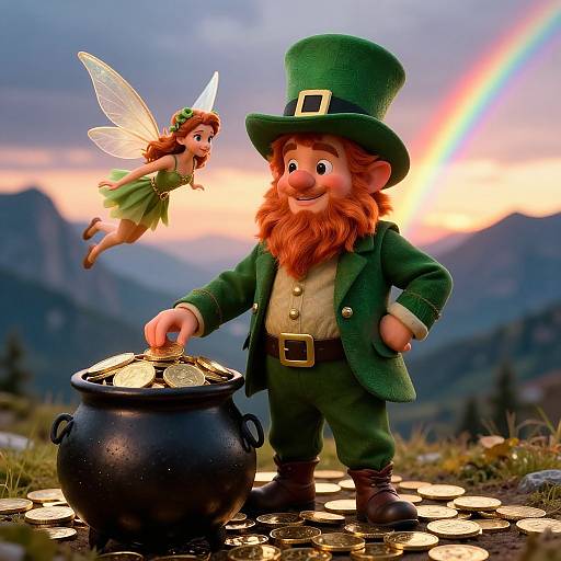 Digital illustration of a cheerful leprechaun with a green coat, hat, and beard, standing beside a bubbling cauldron with coins,