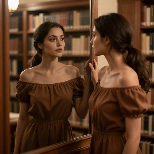 Contemplative Woman in Library Mirror