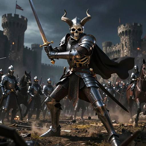 Digital painting of a skeletal knight with horned helmet, wielding a sword, standing victorious amidst a battlefield of armored warriors and medieval castle ruins under a dark