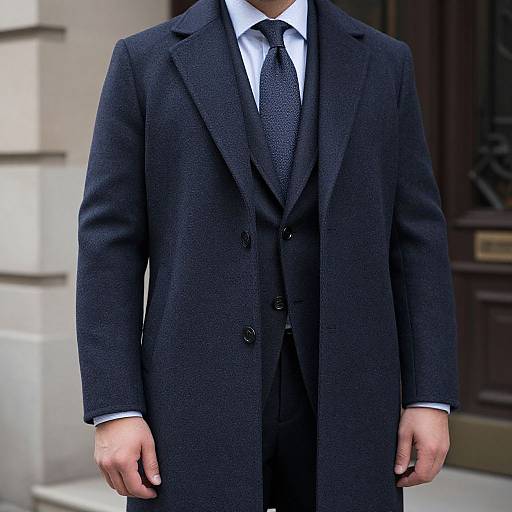 Photograph of a man in a dark navy three-piece suit, white shirt, and black tie, standing in front of a building entrance.