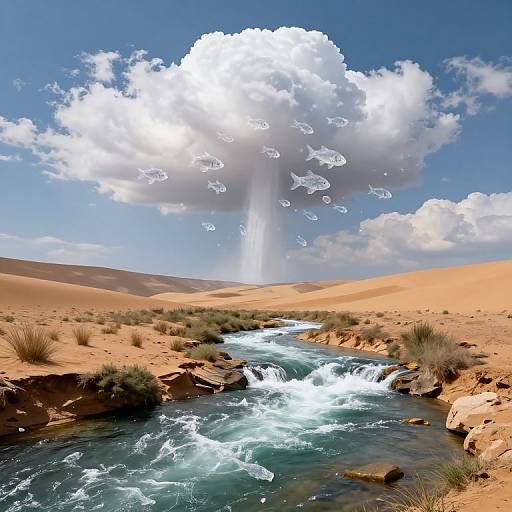 Photorealistic digital artwork of a desert oasis with a flowing river, arid sand dunes, and a towering white cumulus cloud with falling water