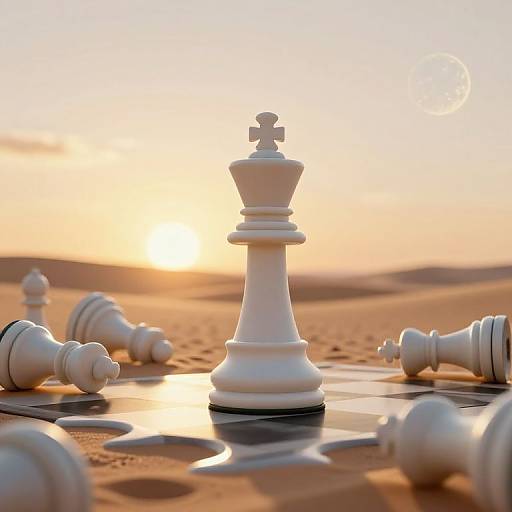 Photograph of a white king chess piece standing tall on a desert chessboard at sunset, surrounded by scattered white chess pieces in the golden sand.