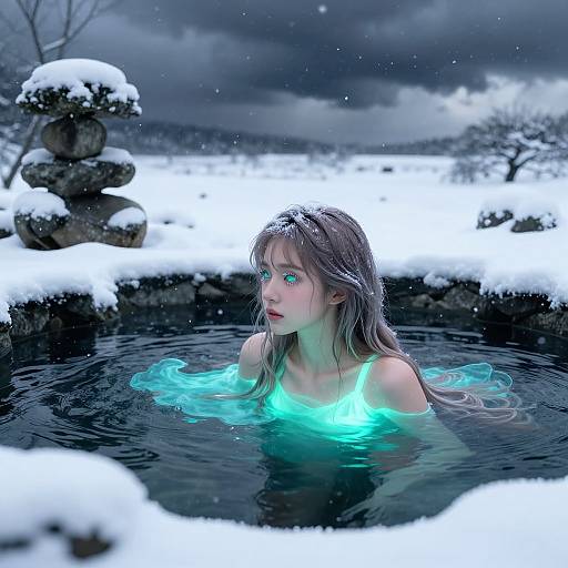 Digital art: Snow-covered landscape, blue-eyed fair-skinned young woman with wet, shoulder-length brown hair, glowing turquoise water, sitting in a frozen
