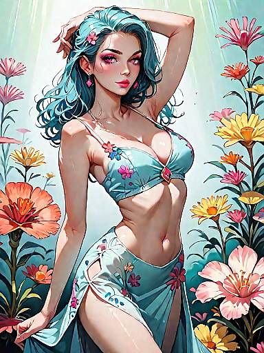 Woman in Floral Bandeau Bikini and High-Low Dress