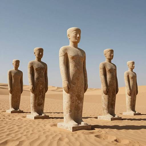 Photograph of five sandstone statues standing in a desert, each identical, with short hair, plain expressions, and weathered texture, under a clear