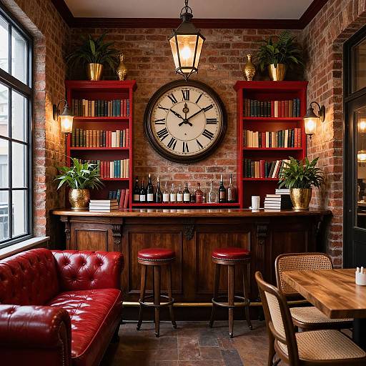 Cozy industrial-style bar room with red leather sofa, wooden bar, red bookshelves, large clock, potted plants, and warm lighting.
