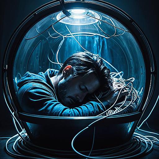 Man Sleeping Inside Transparent Pod with Cables