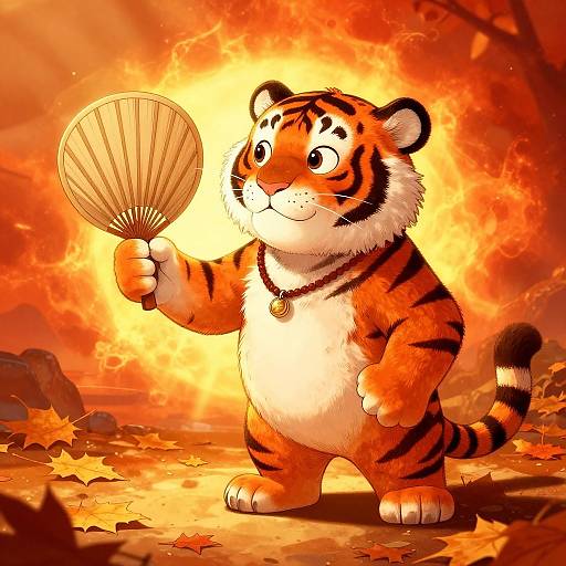 Digital cartoon of a cute, chubby orange tiger with black stripes holding a fan, standing in a fiery autumn forest.