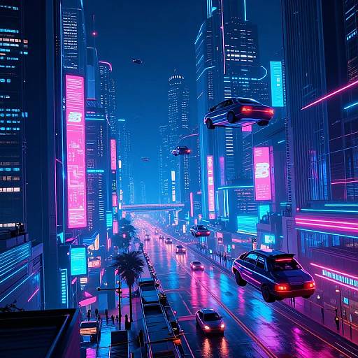 Neon-lit, futuristic city street at night with flying cars, glowing billboards, and reflective wet pavement, showcasing vibrant blue, pink, and