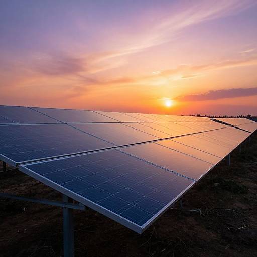 Photograph of solar panels at sunset, with a vibrant orange and purple sky reflecting on the panels' blue surfaces.