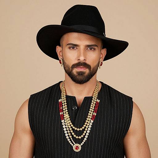 Photograph of a bearded man with olive skin, wearing a black pinstripe shirt, black wide-brimmed hat, and layered gold chains