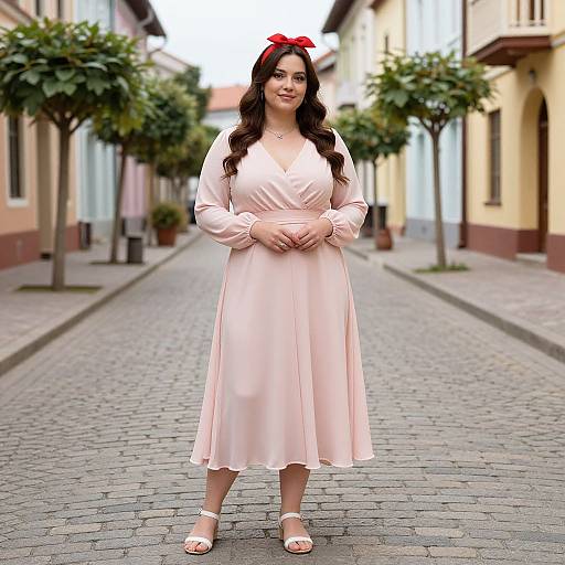 Photograph of a young woman with long brown hair, red bow headband, wearing a pink long-sleeve dress, standing on a cobble