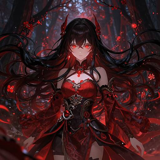 Digital anime-style illustration of a fierce, red-eyed demon woman with long black hair, red and black ornate dress, glowing red flowers, and dark