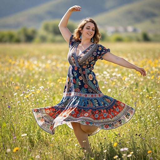 Photograph of a smiling, curly-haired woman in a colorful floral dress dancing joyfully in a sunlit meadow with yellow wildflowers.