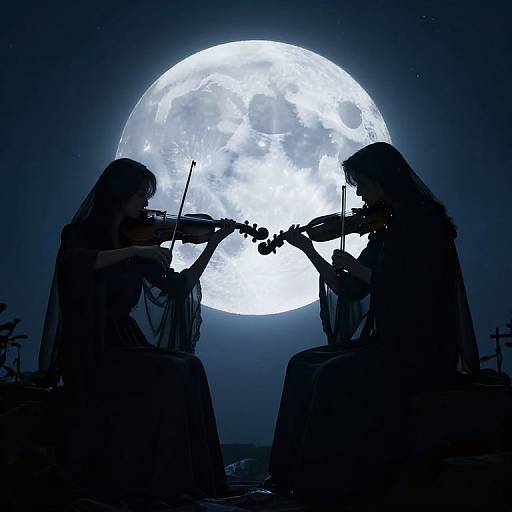 Silhouetted violinists facing each other under a bright, full moon in a dark night sky, creating a haunting, ethereal scene.