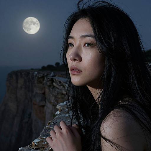 Photograph of an Asian woman with long black hair, moonlit sky, and full moon, gazing pensively at camera, rocky background.