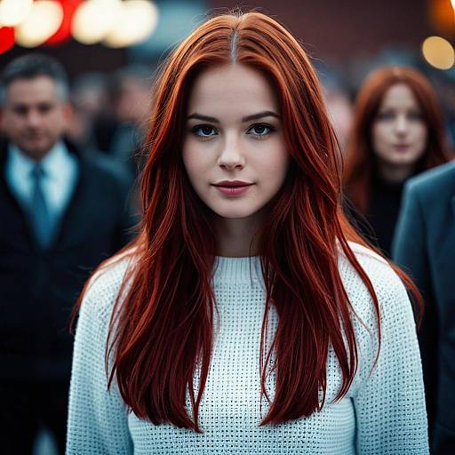 Red-haired woman in white sweater with blurred crowd