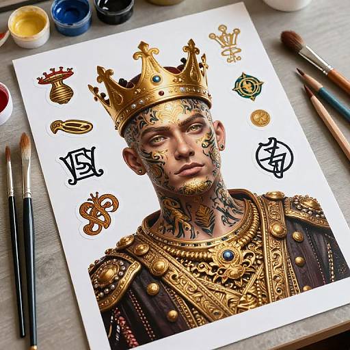 Detailed digital drawing of a tattooed, crowned man in ornate golden armor, surrounded by symbols, on a painter's desk.