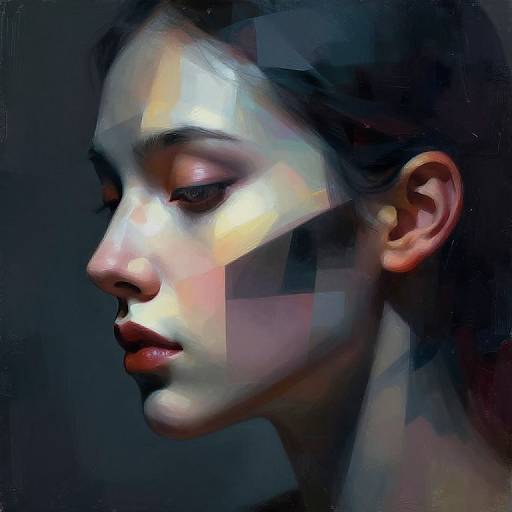 Digital painting of a young woman with a serene expression, highlighted in soft, multicolored light against a dark background.