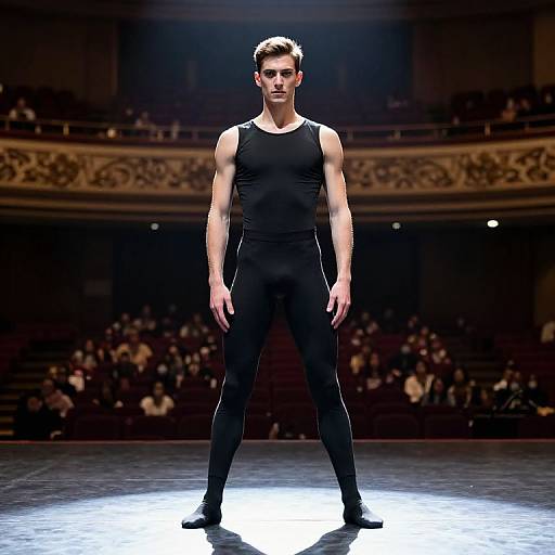 Photograph of a muscular, fair-skinned male model with short brown hair, wearing a black tank top and black pants, standing confidently on a brightly