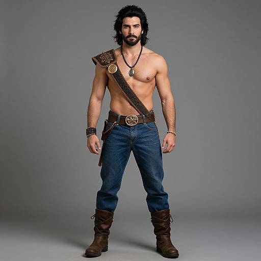 Photograph of a muscular, bearded man with long black hair, shirtless, wearing blue jeans, brown boots, and a leather shoulder strap with