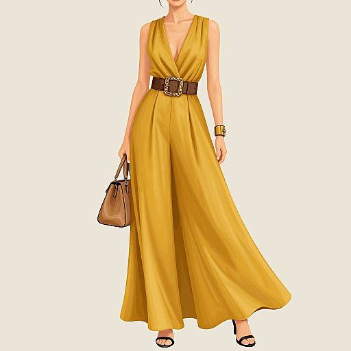 Photograph of a woman in a flowing, sleeveless, deep V-neck yellow gown with a brown belt, black sandals, brown handbag, and
