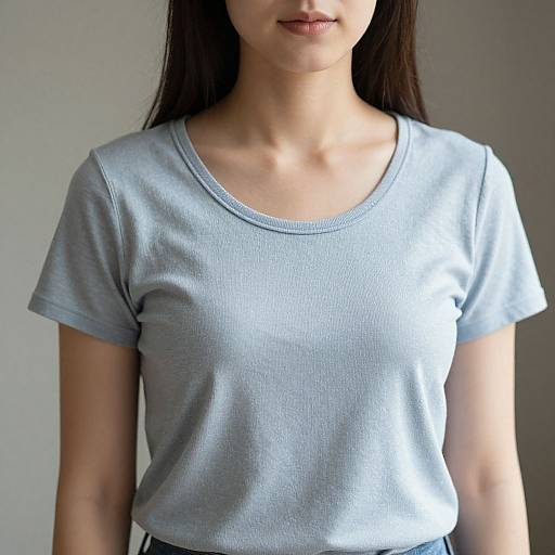 Photograph of a young Asian woman with long dark hair, wearing a light gray, short-sleeved, ribbed-knit t-shirt, standing