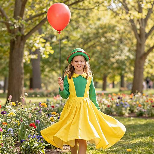 Photograph of a smiling young girl in a green dress and hat, holding a red balloon, standing in a sunlit, flower-filled park.