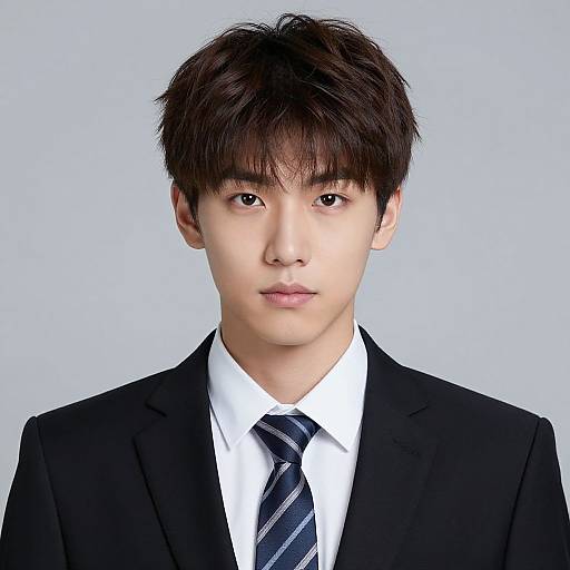 Photograph of a young Asian man with straight black hair, fair skin, wearing a black suit, white shirt, and blue-striped tie, against a