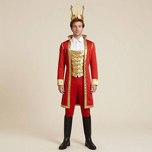 Photograph of a man standing, wearing a red and gold royal costume with a gold crown, white shirt, black pants, and black shoes, against