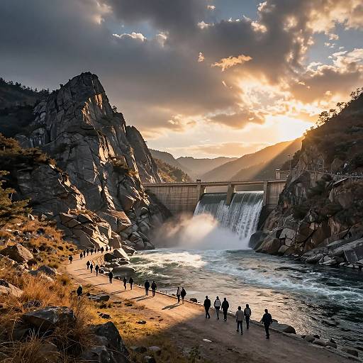 Photograph of a sunset-lit waterfall, rocky cliffs, and a bridge with mist. Silhouetted people walk along the riverbank, surrounded