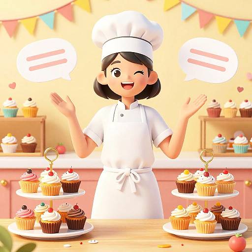 Digital illustration of a cheerful Asian female baker in a white uniform and hat, winking with raised hands, surrounded by colorful cupcakes on tiered stands in